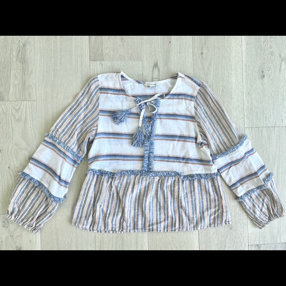 American Eagle Striped Cotton Blouse w Pom Poms